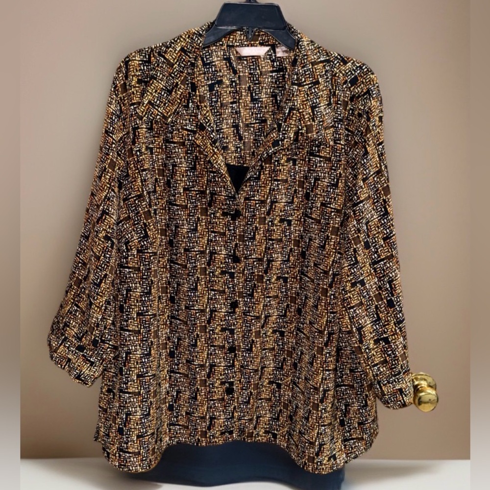 White Stag Women’s Black and Gold Patterned Lined Blouse-4X-EUC